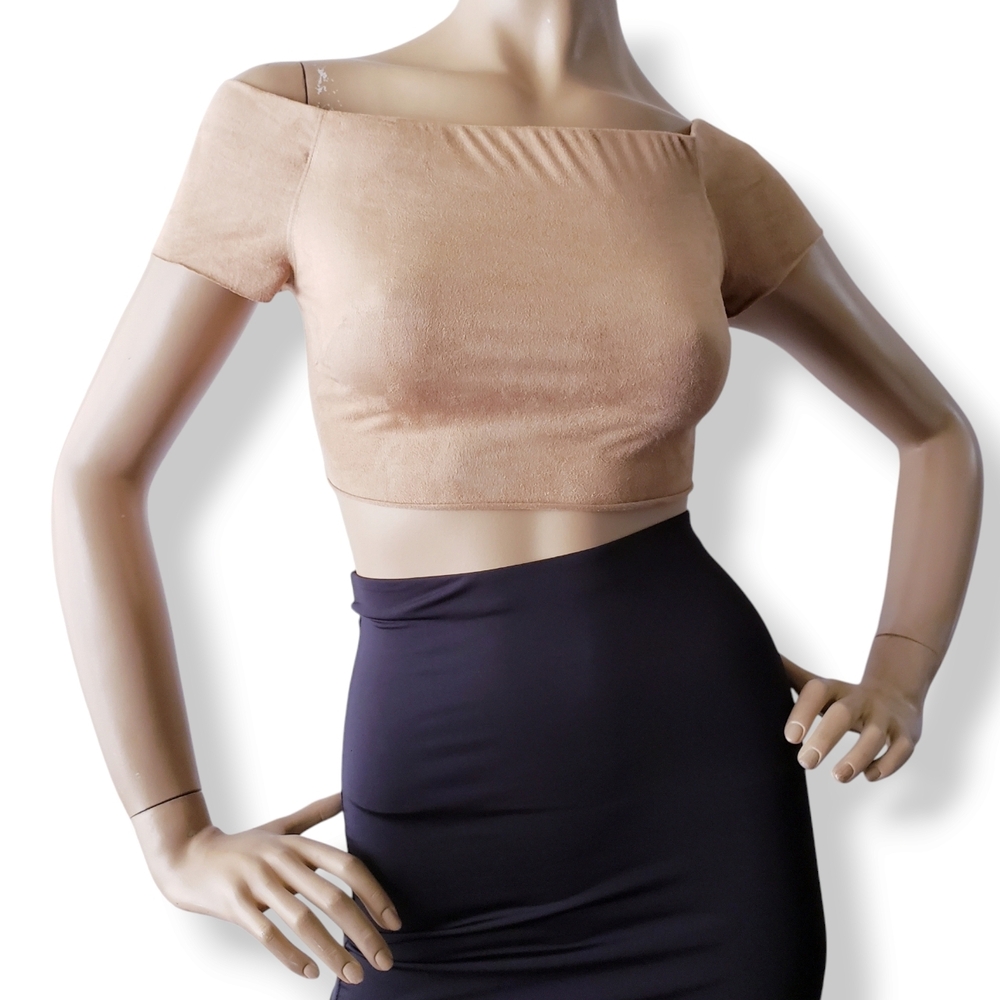 Mocking Jay Tan Faux Suede Off Shoulder Raw Hem Cropped Top